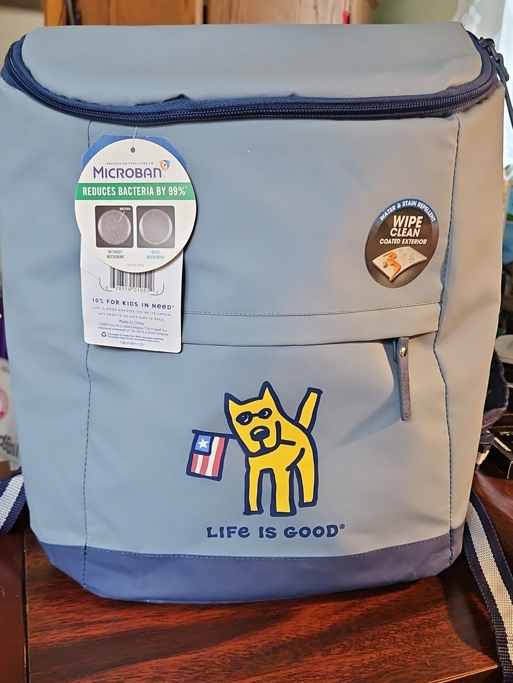 Life Is Good Gray and Navy Backpack with Yellow Dog Graphic